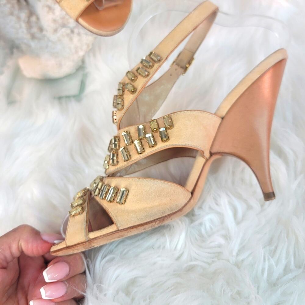 GIUSEPPE ZANOTTI Tan Leather Strappy Sandals w Crystal Embellished Italian 7.5 - Picture 9 of 16